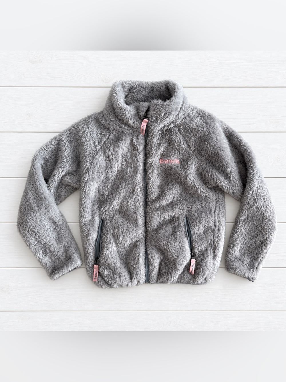 Bench Grey Sherpa Jacket Sweater with Pink Accents Kids Size S 6 years Like New